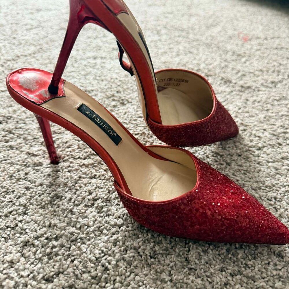 Aassical Red Glitter Pointed Toe Stiletto Slip-On Pump Heels for Women